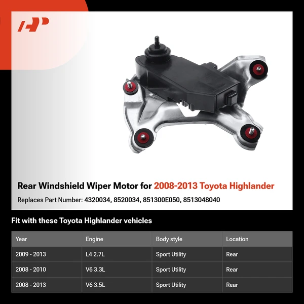 Rear Windshield Wiper Motor for 2008-2013 Toyota Highlander
