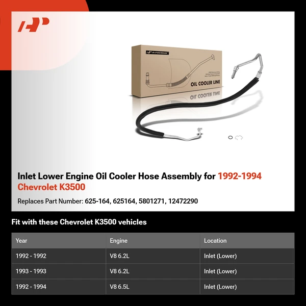 Inlet Lower Engine Oil Cooler Hose Assembly for 1992-1994 Chevrolet K3500