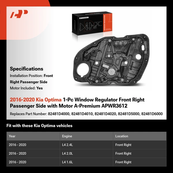 2016-2020 Kia Optima 1-Pc Window Regulator Front Right Passenger Side with Motor A-Premium APWR3612