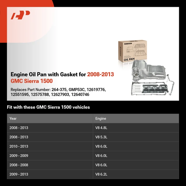 Engine Oil Pan with Gasket for 2008-2013 GMC Sierra 1500