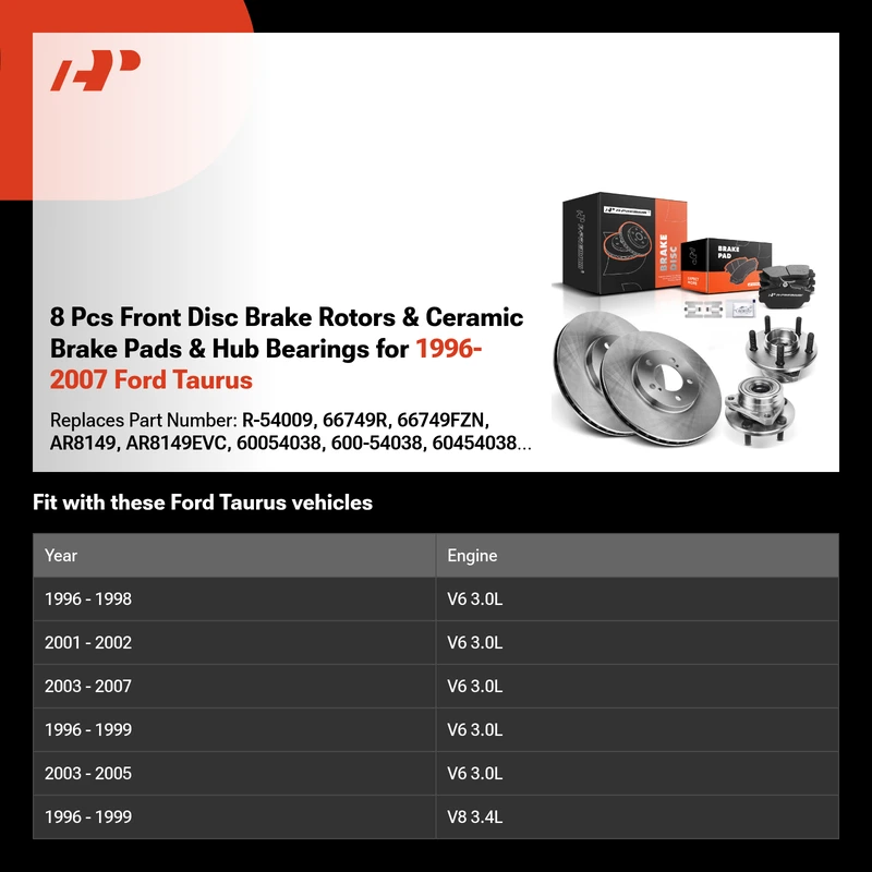 8 Pcs Front Disc Brake Rotors & Ceramic Brake Pads & Hub Bearings for 1996-2007 Ford Taurus