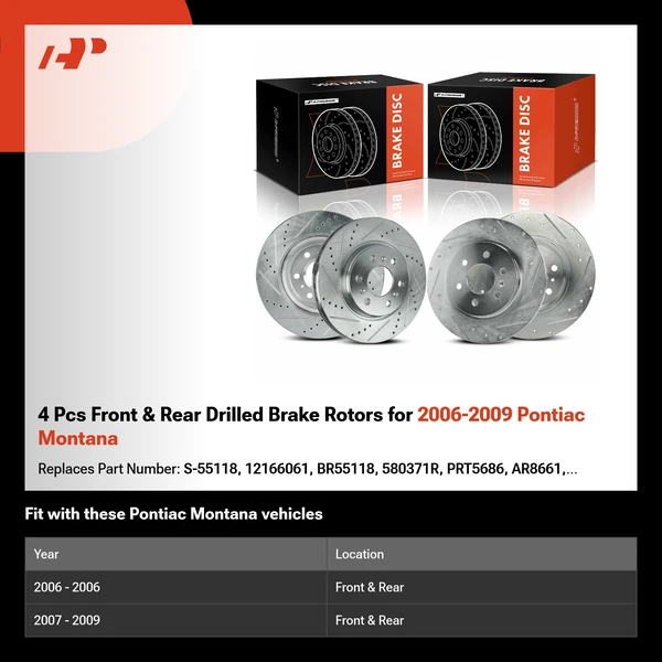 4 Pcs Front & Rear Drilled Brake Rotors for 2006-2009 Pontiac Montana