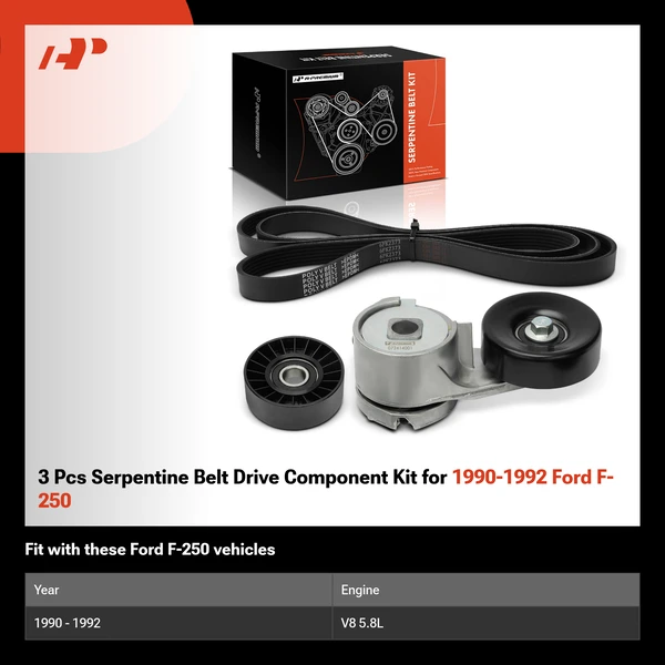 3 Pcs Serpentine Belt Drive Component Kit for 1990-1992 Ford F-250