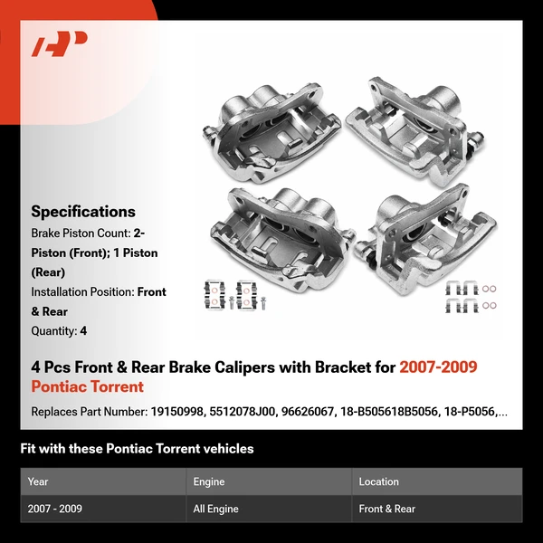 4 Pcs Front & Rear Brake Calipers with Bracket for 2007-2009 Pontiac Torrent