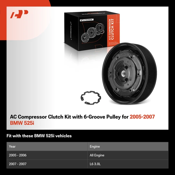 AC Compressor Clutch Kit with 6-Groove Pulley for 2005-2007 BMW 525i