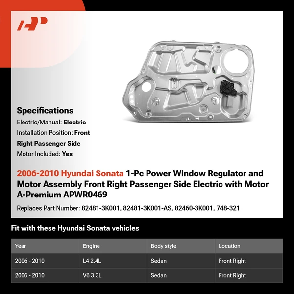 2006-2010 Hyundai Sonata 1-Pc Power Window Regulator and Motor Assembly Front Right Passenger Side Electric with Motor A-Premium APWR0469