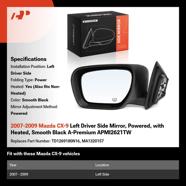 2007-2009 Mazda CX-9 Left Driver Side Mirror, Powered, with Heated, Smooth Black A-Premium APMI2621TW