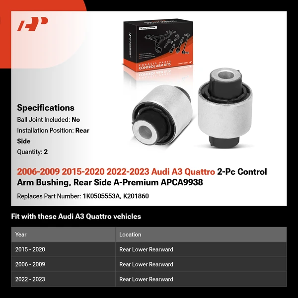 2006-2009 2015-2020 2022-2023 Audi A3 Quattro 2-Pc Control Arm Bushing, Rear Side A-Premium APCA9938
