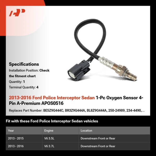 2013-2016 Ford Police Interceptor Sedan 1-Pc Oxygen Sensor 4-Pin A-Premium APOS0516