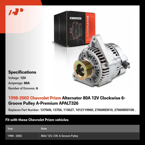1998-2002 Chevrolet Prizm Alternator 80A 12V Clockwise 6-Groove Pulley A-Premium APALT326