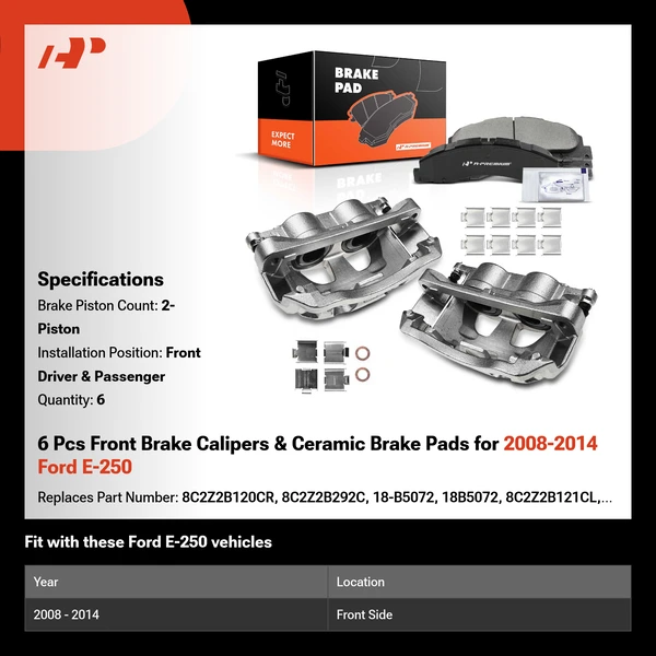 6 Pcs Front Brake Calipers & Ceramic Brake Pads for 2008-2014 Ford E-250