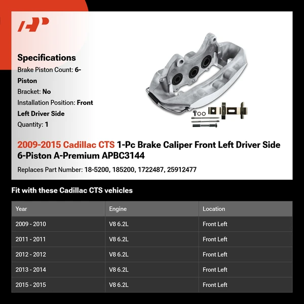 2009-2015 Cadillac CTS 1-Pc Brake Caliper Front Left Driver Side 6-Piston A-Premium APBC3144