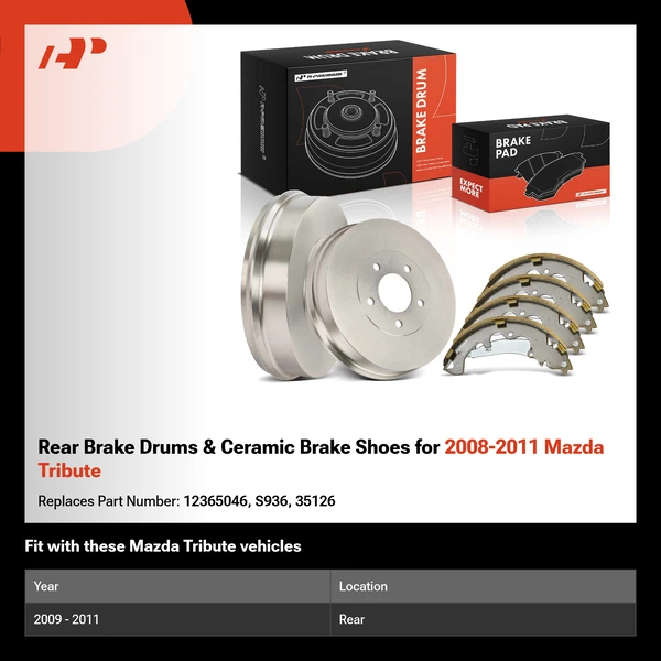 Rear Brake Drums & Ceramic Brake Shoes for 2008-2011 Mazda Tribute