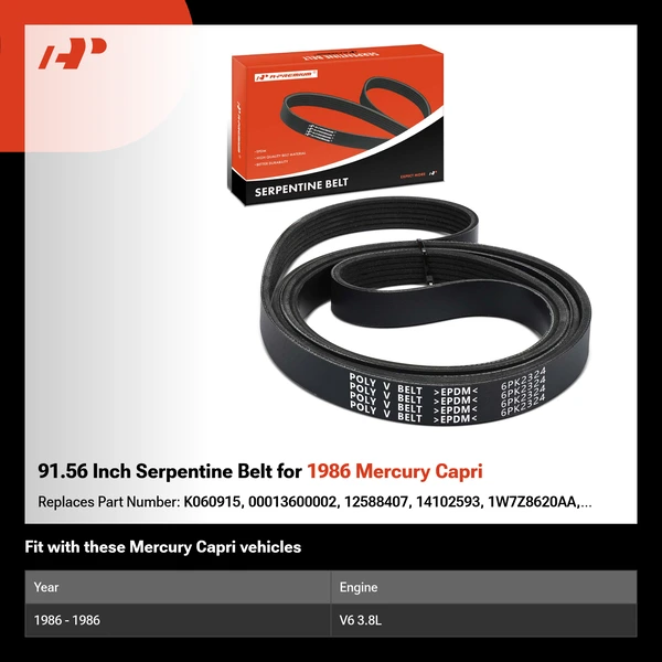 91.56 Inch Serpentine Belt for 1986 Mercury Capri