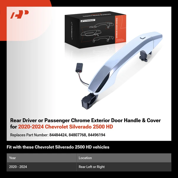 Rear Driver or Passenger Chrome Exterior Door Handle & Cover for 2020-2024 Chevrolet Silverado 2500 HD