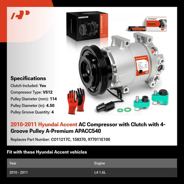 2010-2011 Hyundai Accent AC Compressor with Clutch with 4-Groove Pulley A-Premium APACC540