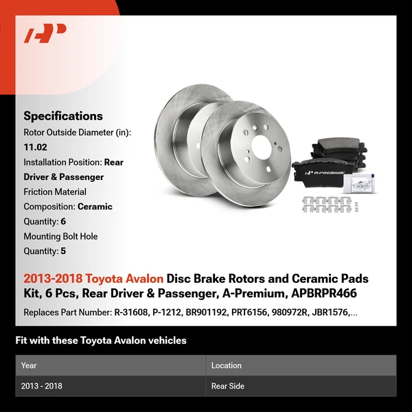 2013-2018 Toyota Avalon Disc Brake Rotors and Ceramic Pads Kit, 6 Pcs, Rear Driver & Passenger, A-Premium, APBRPR466
