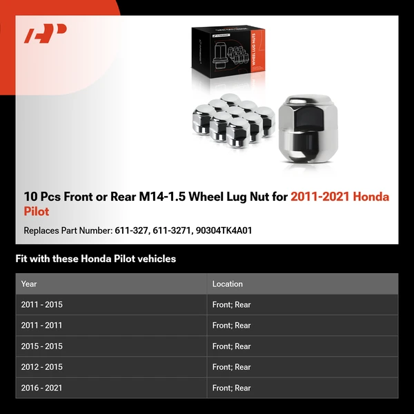 10 Pcs Front or Rear M14-1.5 Wheel Lug Nut for 2011-2021 Honda Pilot