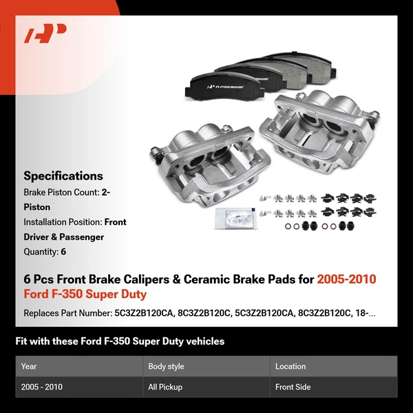 6 Pcs Front Brake Calipers & Ceramic Brake Pads for 2005-2010 Ford F-350 Super Duty