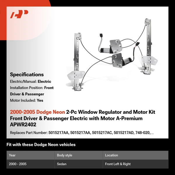 2000-2005 Dodge Neon 2-Pc Window Regulator and Motor Kit Front Driver & Passenger Electric with Motor A-Premium APWR2402