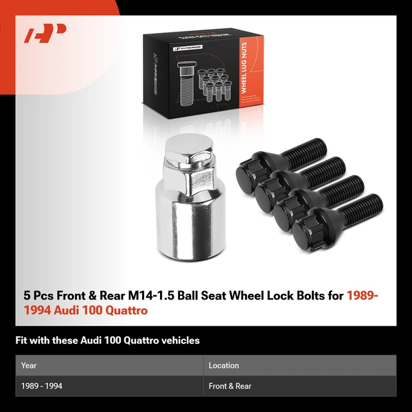 5 Pcs Front & Rear M14-1.5 Ball Seat Wheel Lock Bolts for 1989-1994 Audi 100 Quattro