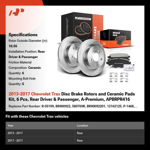 2013-2017 Chevrolet Trax Disc Brake Rotors and Ceramic Pads Kit, 6 Pcs, Rear Driver & Passenger, A-Premium, APBRPR416