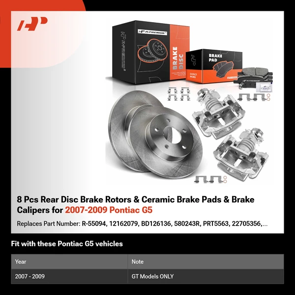 8 Pcs Rear Disc Brake Rotors & Ceramic Brake Pads & Brake Calipers for 2007-2009 Pontiac G5