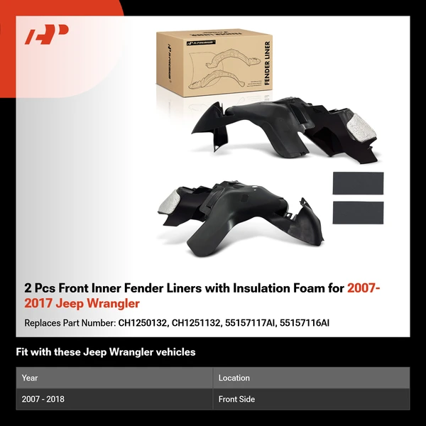 2 Pcs Front Inner Fender Liners with Insulation Foam for 2007-2017 Jeep Wrangler