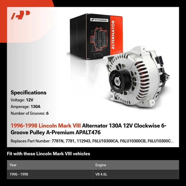 1996-1998 Lincoln Mark VIII Alternator 130A 12V Clockwise 6-Groove Pulley A-Premium APALT476
