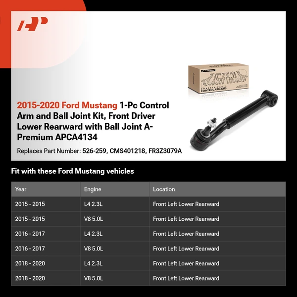 2015-2020 Ford Mustang 1-Pc Control Arm and Ball Joint Kit, Front Driver Lower Rearward with Ball Joint A-Premium APCA4134
