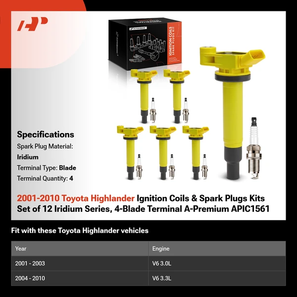 2001-2010 Toyota Highlander Ignition Coils & Spark Plugs Kits Set of 12 Iridium Series, 4-Blade Terminal A-Premium APIC1561