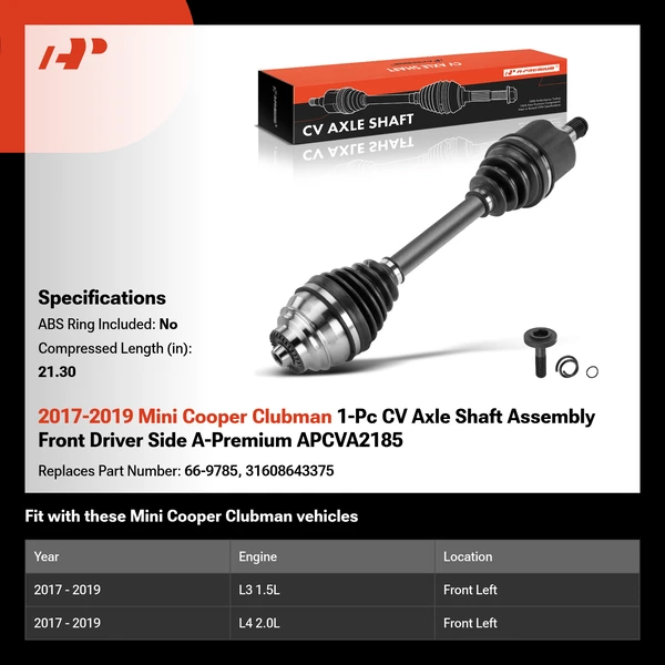2017-2019 Mini Cooper Clubman 1-Pc CV Axle Shaft Assembly Front Driver Side A-Premium APCVA2185