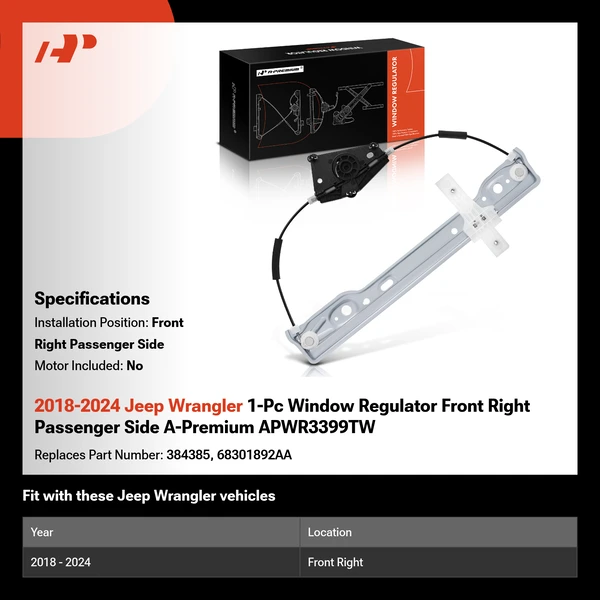 2018-2024 Jeep Wrangler 1-Pc Window Regulator Front Right Passenger Side A-Premium APWR3399TW