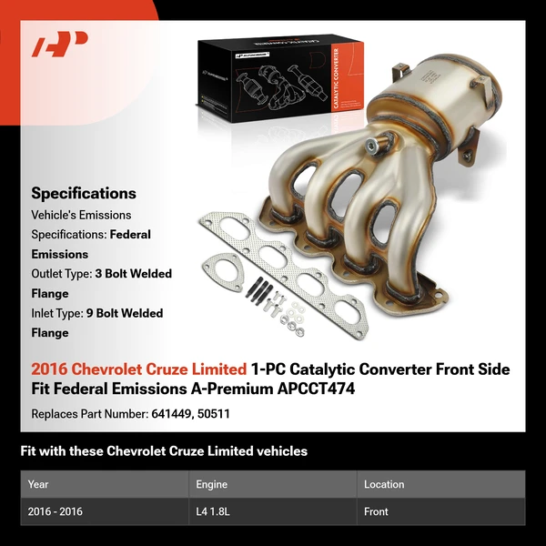 2016 Chevrolet Cruze Limited 1-PC Catalytic Converter Front Side Fit Federal Emissions A-Premium APCCT474