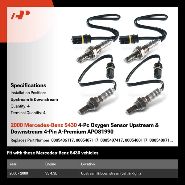 2000 Mercedes-Benz S430 4-Pc Oxygen Sensor Upstream & Downstream 4-Pin A-Premium APOS1990