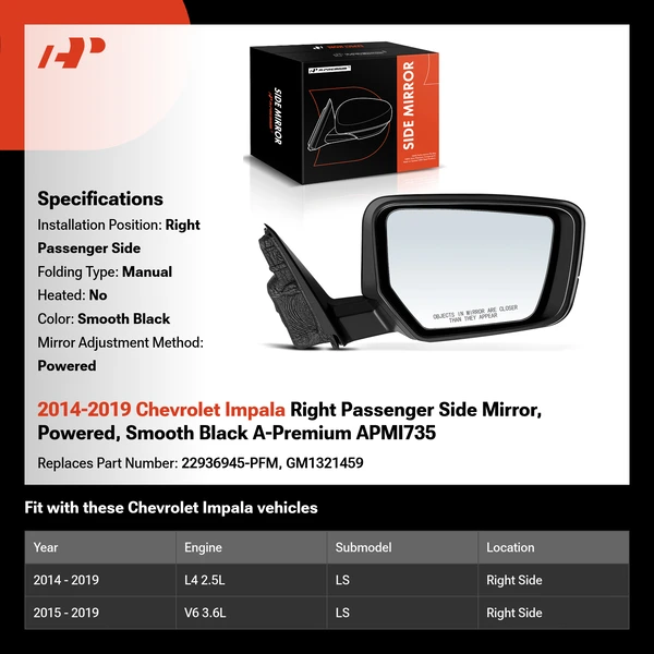 2014-2019 Chevrolet Impala Right Passenger Side Mirror, Powered, Smooth Black A-Premium APMI735