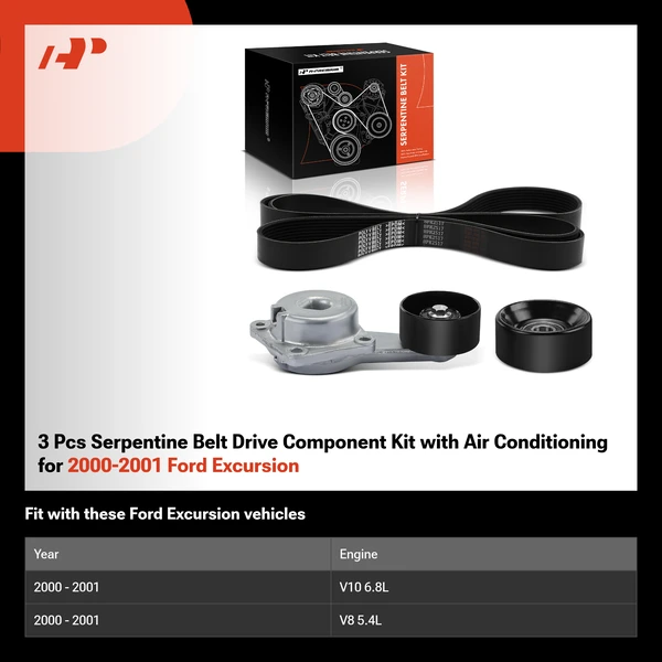 3 Pcs Serpentine Belt Drive Component Kit with Air Conditioning for 2000-2001 Ford Excursion