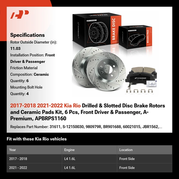 2017-2018 2021-2022 Kia Rio Drilled & Slotted Disc Brake Rotors and Ceramic Pads Kit, 6 Pcs, Front Driver & Passenger, A-Premium, APBRPS1160