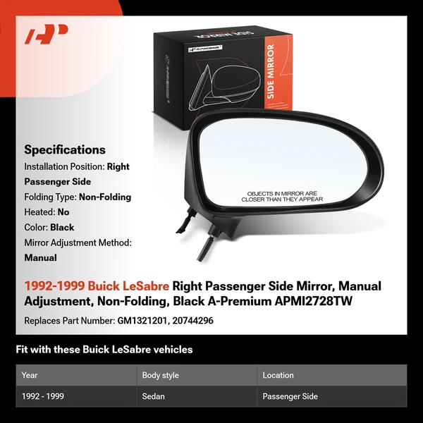 1992-1999 Buick LeSabre Right Passenger Side Mirror, Manual Adjustment, Non-Folding, Black A-Premium APMI2728TW