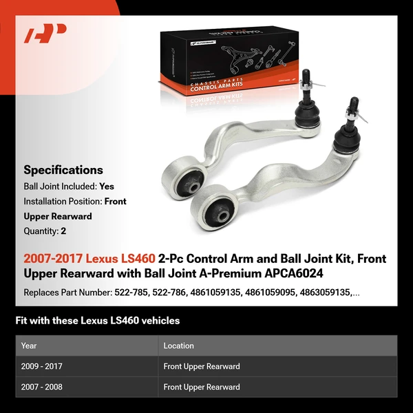2007-2017 Lexus LS460 2-Pc Control Arm and Ball Joint Kit, Front Upper Rearward with Ball Joint A-Premium APCA6024