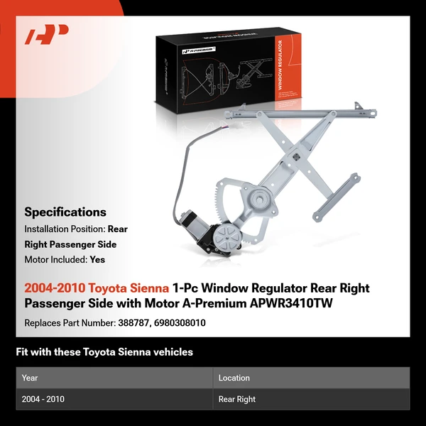 2004-2010 Toyota Sienna 1-Pc Window Regulator Rear Right Passenger Side with Motor A-Premium APWR3410TW