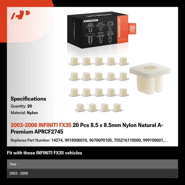 2003-2008 INFINITI FX35 20 Pcs 8.5 x 8.5mm Nylon Natural A-Premium APRCF2745