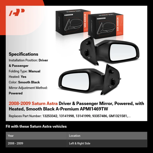 2008-2009 Saturn Astra Driver & Passenger Mirror, Powered, with Heated, Smooth Black A-Premium APMI1469TW