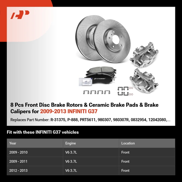 8 Pcs Front Disc Brake Rotors & Ceramic Brake Pads & Brake Calipers for 2009-2013 INFINITI G37