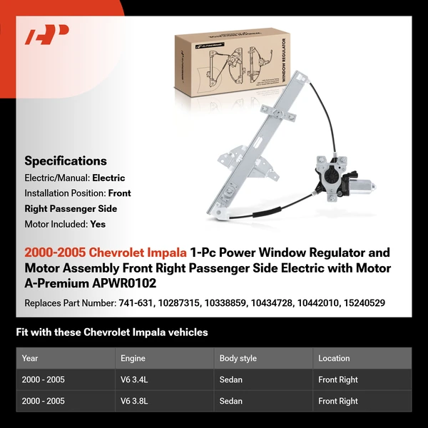 2000-2005 Chevrolet Impala 1-Pc Power Window Regulator and Motor Assembly Front Right Passenger Side Electric with Motor A-Premium APWR0102
