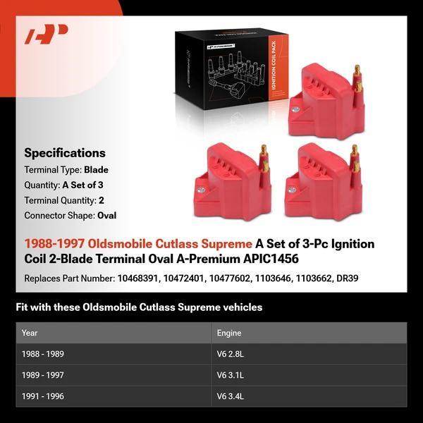 1988-1997 Oldsmobile Cutlass Supreme A Set of 3-Pc Ignition Coil 2-Blade Terminal Oval A-Premium APIC1456