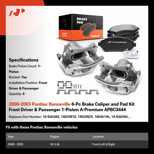 2000-2003 Pontiac Bonneville 6-Pc Brake Caliper and Pad Kit Front Driver & Passenger 1-Piston A-Premium APBC3444