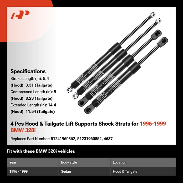 4 Pcs Hood & Tailgate Lift Supports Shock Struts for 1996-1999 BMW 328i