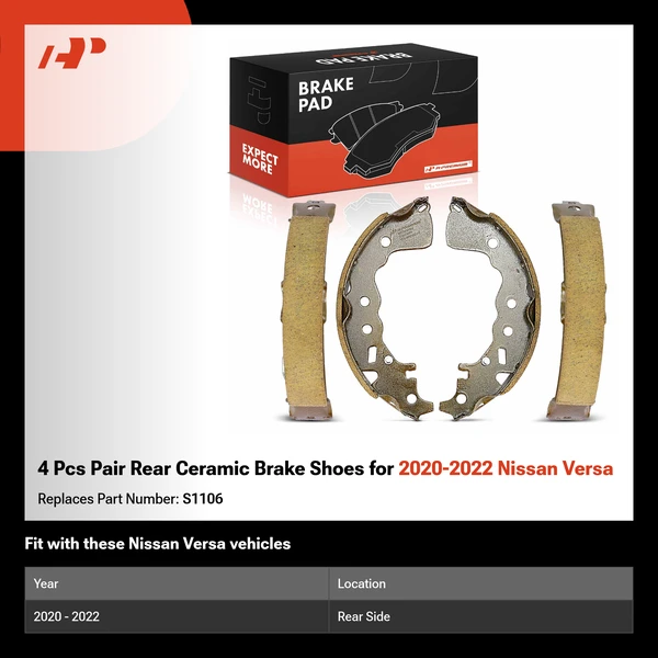 4 Pcs Pair Rear Ceramic Brake Shoes for 2020-2022 Nissan Versa