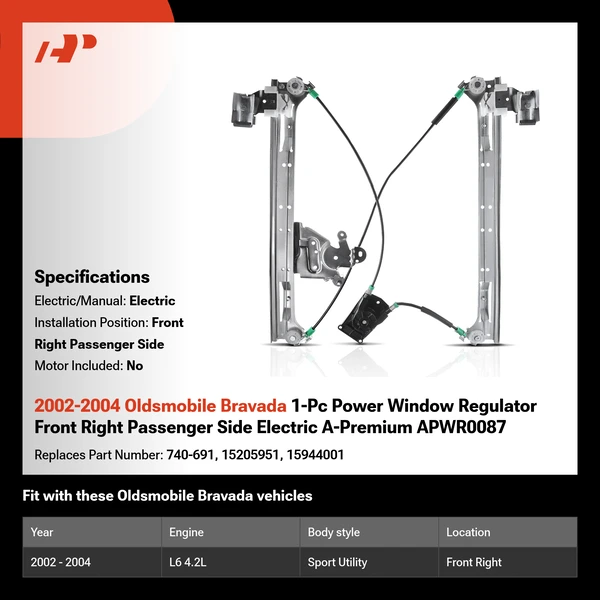 2002-2004 Oldsmobile Bravada 1-Pc Power Window Regulator Front Right Passenger Side Electric A-Premium APWR0087